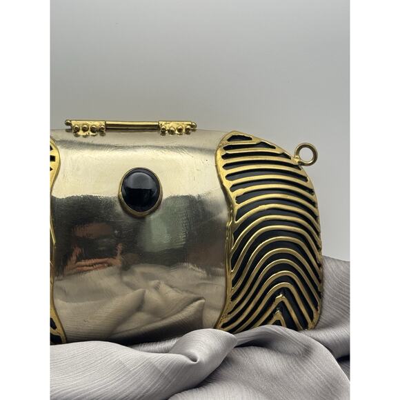 Vintage Oval Bag Golden Black Brass Onyx Stone Small Strap Black Nylon - Picture 4 of 6